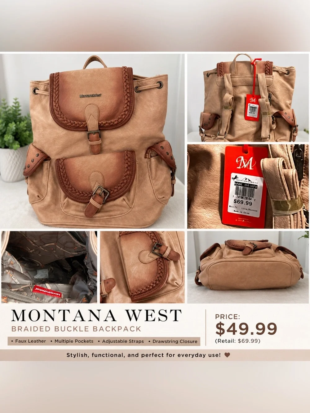 Montana West Tan and Brown Braided Buckle Backpack